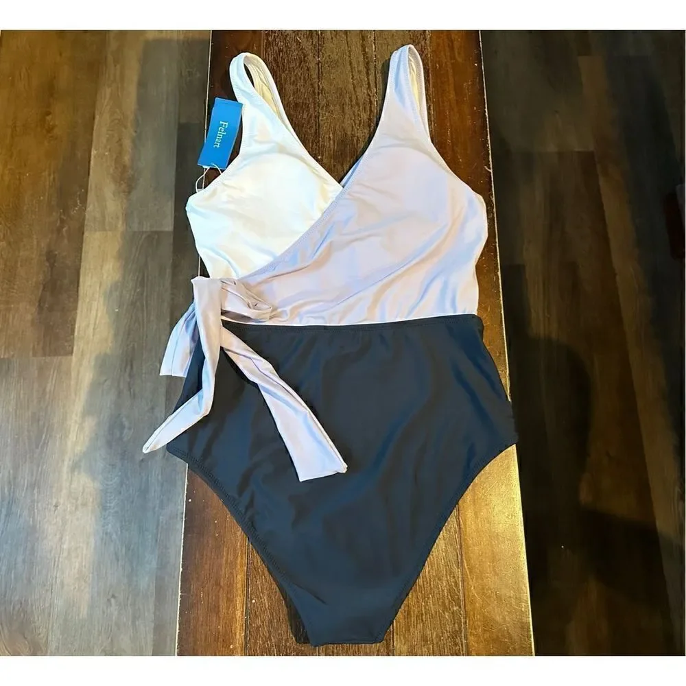 Felnart Swimsuits for Women V Neck Color Block Wrap One Piece Swimsuits Bowknot